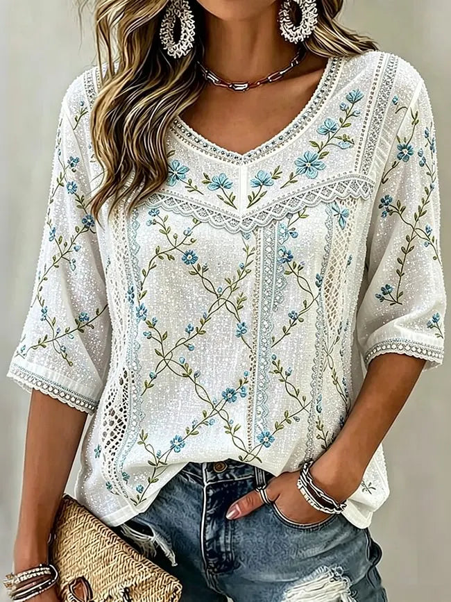 Women's Elegant Retro Floral Embroidered Art Flowy Linen Blend Three Quarter Sleeves T-shirt