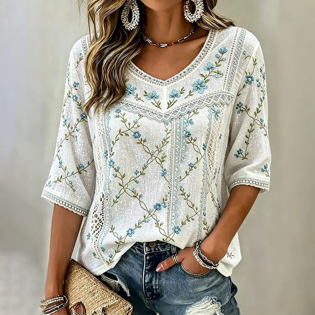 Women's Elegant Retro Floral Embroidered Art Flowy Linen Blend Three Quarter Sleeves T-shirt