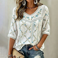 Women's Elegant Retro Floral Embroidered Art Flowy Linen Blend Three Quarter Sleeves T-shirt
