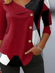 Women's Long Sleeve T-shirt Spring/Fall Red Abstract Printing V Neck Daily Going Out Casual Top