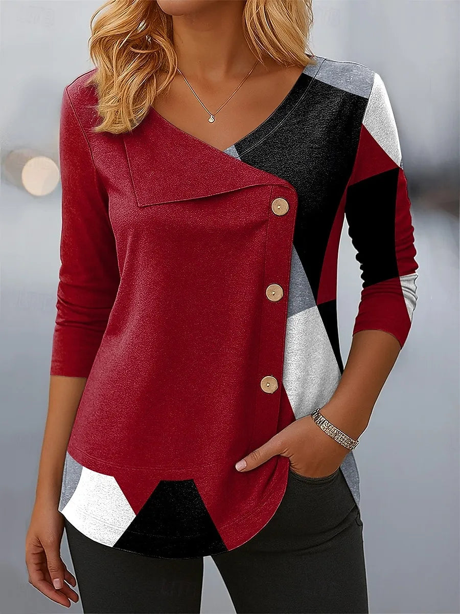 Women's Long Sleeve T-shirt Spring/Fall Red Abstract Printing V Neck Daily Going Out Casual Top