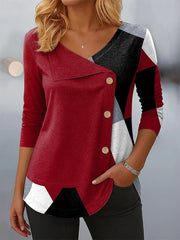Women's Long Sleeve T-shirt Spring/Fall Red Abstract Printing V Neck Daily Going Out Casual Top