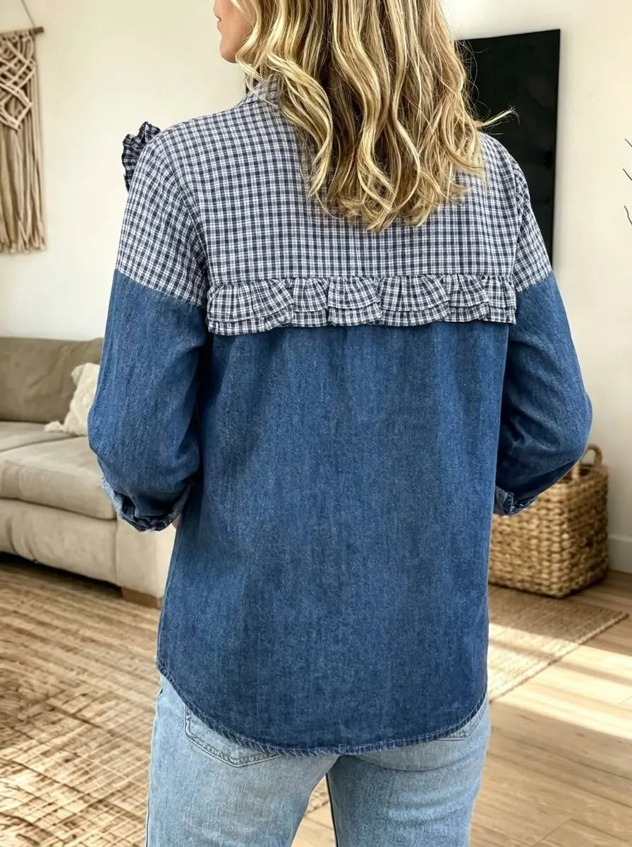 Women Casual Denim Gingham Spliced 3D Ruffle Floral Button?Down Shirt