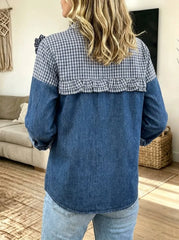 Women Casual Denim Gingham Spliced 3D Ruffle Floral Button?Down Shirt