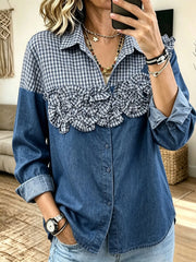 Women Casual Denim Gingham Spliced 3D Ruffle Floral Button?Down Shirt