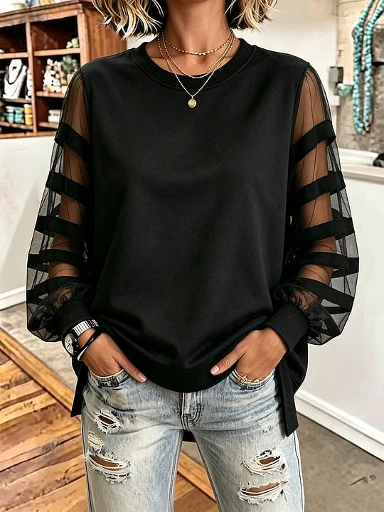Elegant Casual Black Mesh Panelled Sweatshirt