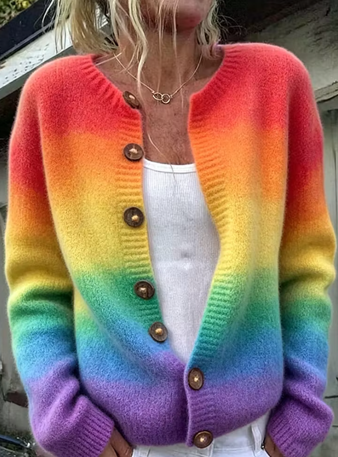 Women's Fall Winter Rainbow Gradient Boho Knit Button Cardigan