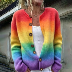 Women's Fall Winter Rainbow Gradient Boho Knit Button Cardigan