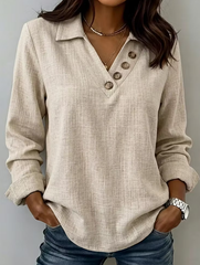 Women's Casual Retro Solid Color V-neck Button Long Sleeve Shirt