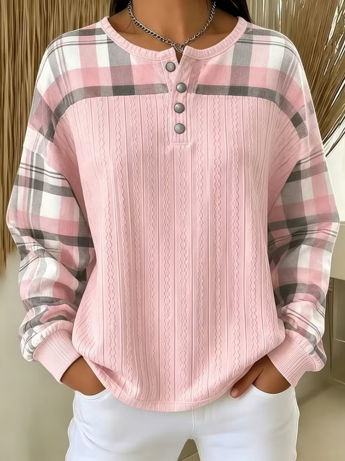 Women's Plaid Henley Neck Casual Long Sleeve Sweatshirt