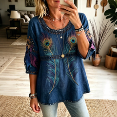Women's Vintage Pattern Art Flowy 3/4 Sleeve Casual Top