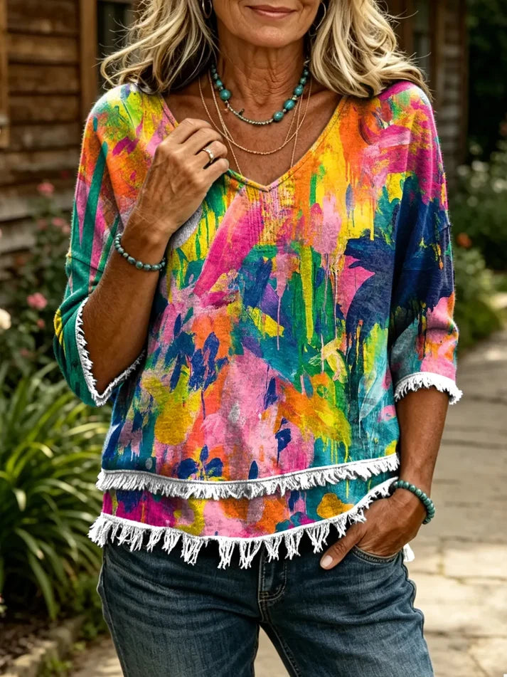 Women's Bohemian Colorful Oil Painting Pattern Art Print Casual 3/4 Sleeve Top