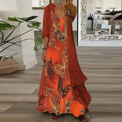 Orange Butterfly Print Two-Piece Maxi Dress