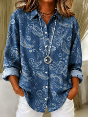 Women Paisley Casual Shirt Shirt Collar Long Sleeve Buckle Top
