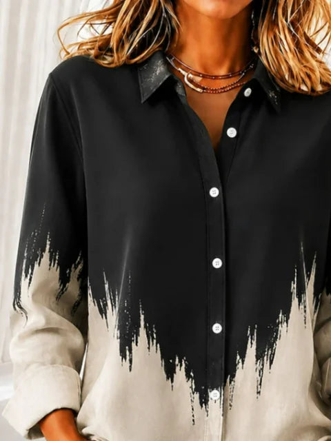 Women Abstract Casual Shirt Shirt Collar Long Sleeve Buckle Top