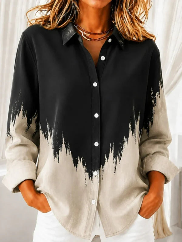 Women Abstract Casual Shirt Shirt Collar Long Sleeve Buckle Top