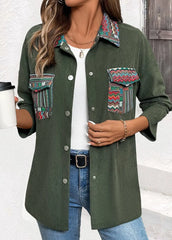 Casual Green Corduroy Tribal Print Long Sleeve Coat
