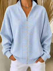 Women Spring/Fall Outerwear Casual Striped Long Sleeve Stand Collar Jacket
