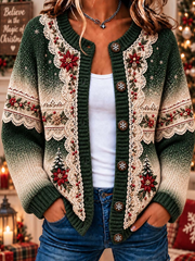 Women Red Poinsettia And Lace Trim Ombre Knit Cardigan