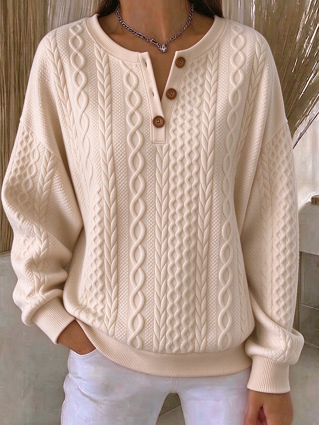 Vintage Casual Abstract Henley Collar Long Sleeve Sweatshirt