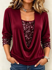 Women Elegant Plain Vintage Blouse Cowl Neck Long Sleeve Top