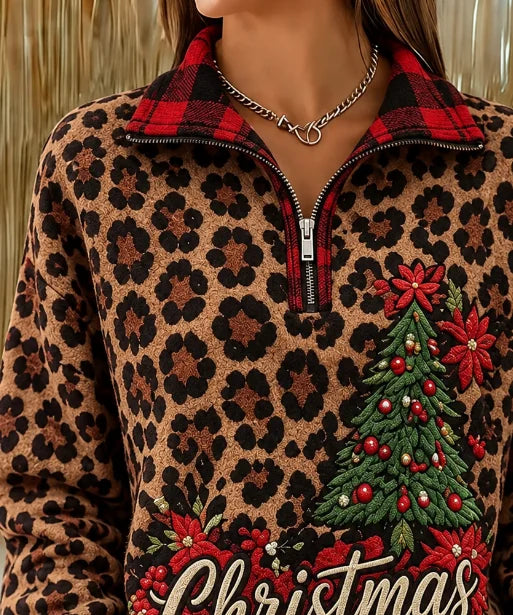 Casual Leopard Mock Neck Long Sleeve Sweatshirt