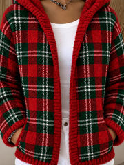 Women Casual Winter Outerwear Vintage Plaid Long Sleeve Hoodie Jacket