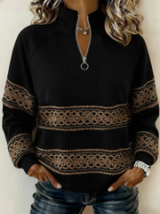 Women Casual Print Zip Neck Pullover Sweatshirt