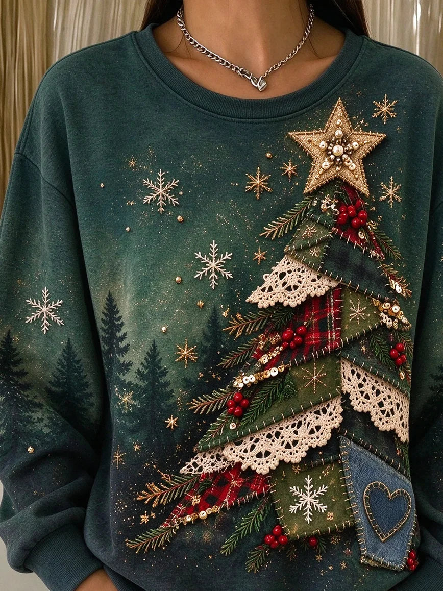 Vintage Casual Crew Neck Christmas Tree Printing Sweatshirt