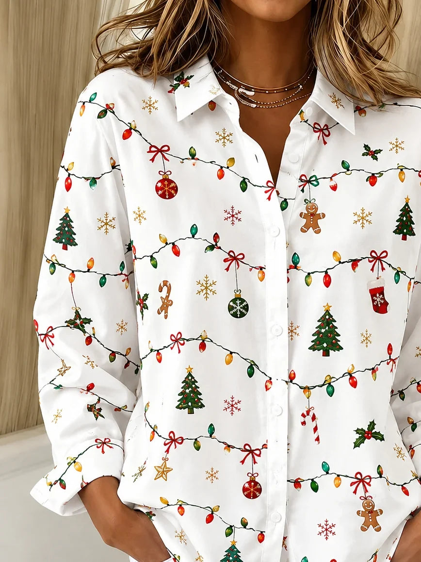 Women's Long Sleeve Shirt Spring/Fall White Christmas Buckle Shirt Collar Regular Sleeve Daily Going Out Casual Top