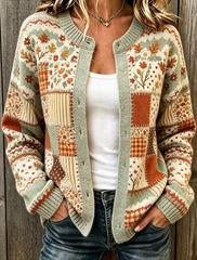 Women Vintage Maple Leaf And Floral Knit Cardigan