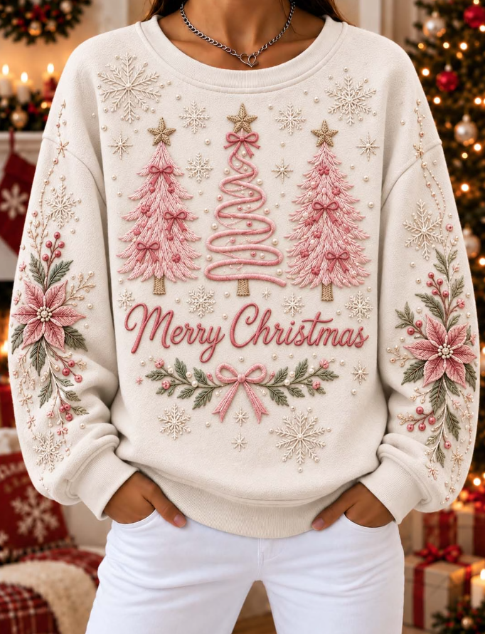 Women Casual Triple Pink Christmas Trees Embroidery Sweatshirt
