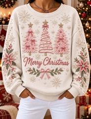 Women Casual Triple Pink Christmas Trees Embroidery Sweatshirt