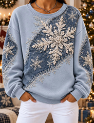Women Casual Blue And Denim Panel Pearl Snowflake Embroidered Sweatshirt