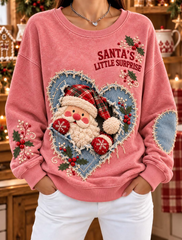 Women Casual Santa Denim Heart Patchwork Sweatshirt