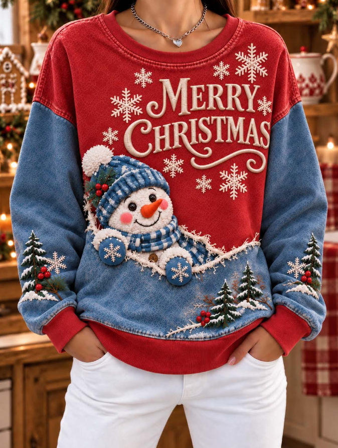 Women Casual Color Block Snowman Peeking Sweatshirt