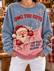 Women Casual Color Block Split Santa Peeking Sweatshirt