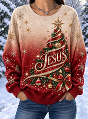 Women Casual Sparkling Christmas Tree And Ornaments Ombre Sweatshirt
