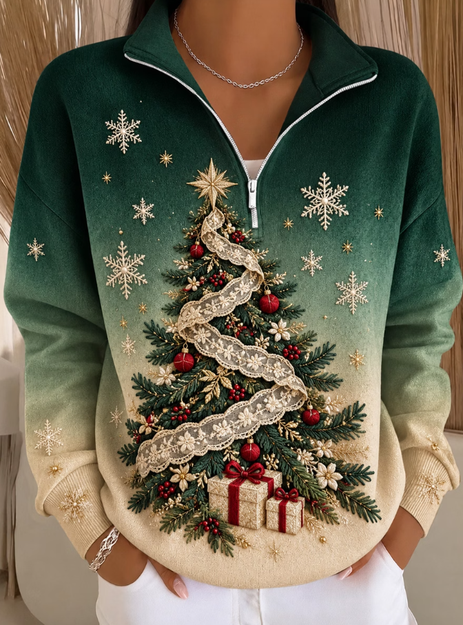 Women Casual Christmas Tree Art Print Ombre Quarter Zip Up Sweatshirt