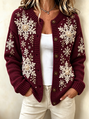 Women Casual Christmas Snowflake Art Printed Knitted Cardigan