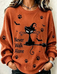 Never Walk Alone Halloween Cat And Broom Print Casual Sweatshirt