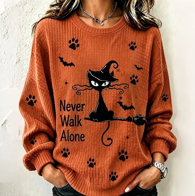 Never Walk Alone Halloween Cat And Broom Print Casual Sweatshirt