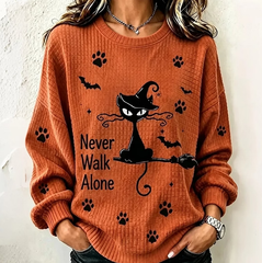 Never Walk Alone Halloween Cat And Broom Print Casual Sweatshirt