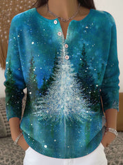 Vintage Christmas Tree Art Print Buttoned Cardigan Sweater