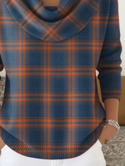 Women Plaid Printing Spring/Fall Casual Long Sleeve Cowl Neck Sweater