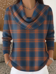 Women Plaid Printing Spring/Fall Casual Long Sleeve Cowl Neck Sweater
