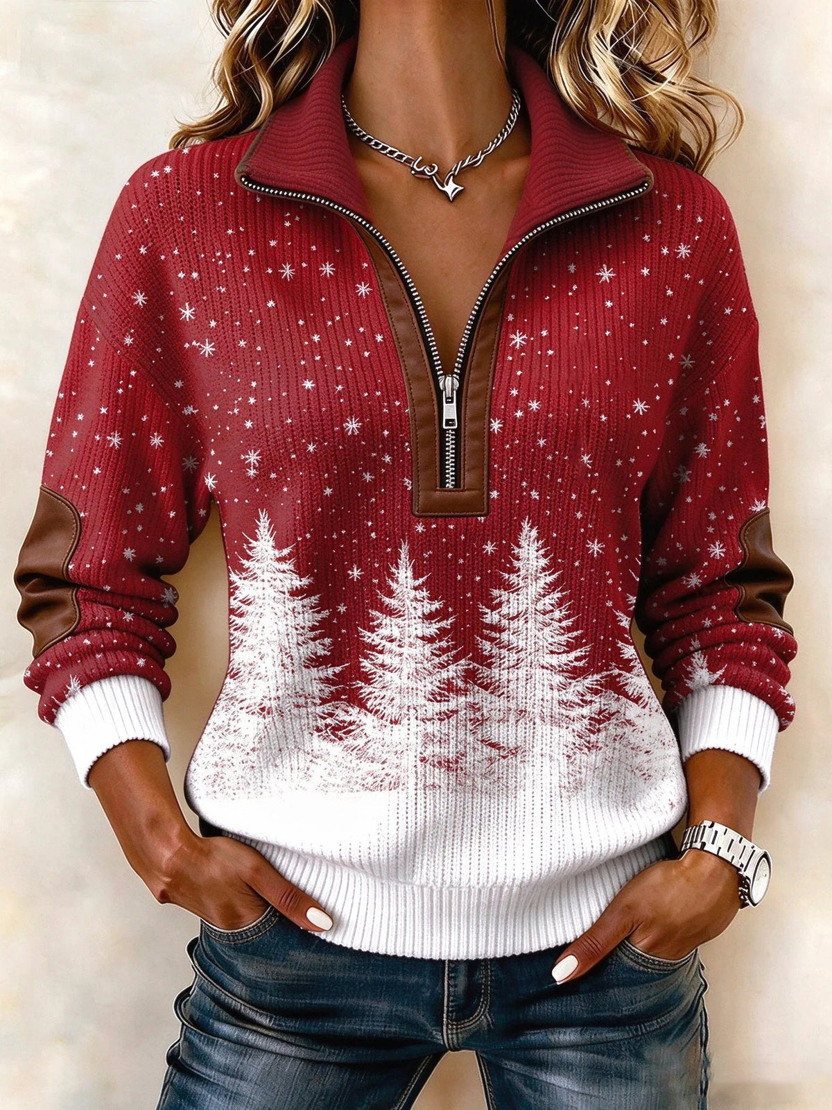 Casual Christmas Stand Collar Long Sleeve Sweatshirt