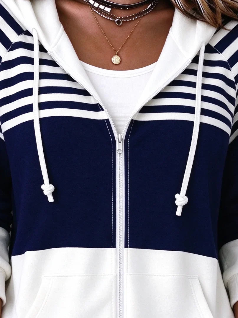 Women Spring/Fall Outerwear Casual Striped Long Sleeve Hoodie Jacket