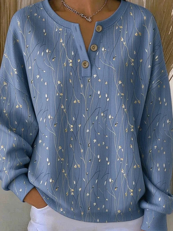Casual Floral Henley Collar Long Sleeve Sweatshirt