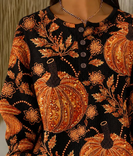 Casual Pumpkin Pattern Henley Collar Long Sleeve Sweatshirt